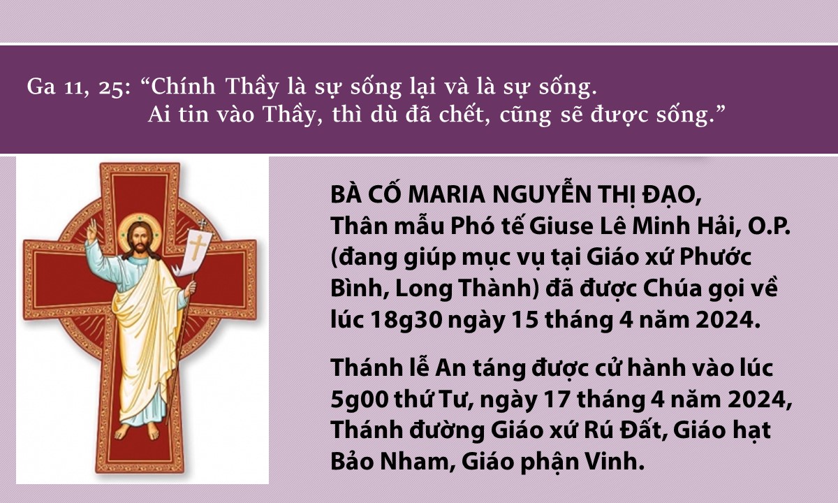 RIP: Bà Cố Maria Nguyễn Thị Đạo, Thân mẫu Phó tế Giuse Lê Minh Hải, O.P.